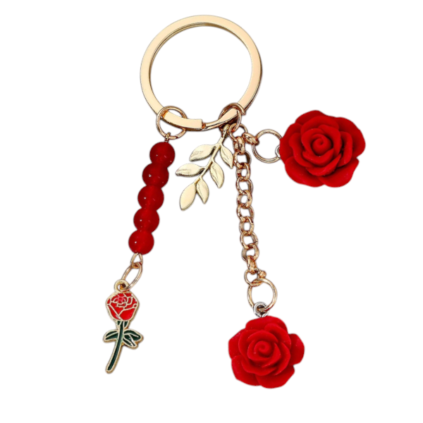 Flower Key Chain with Roses and Gold Accents - Red