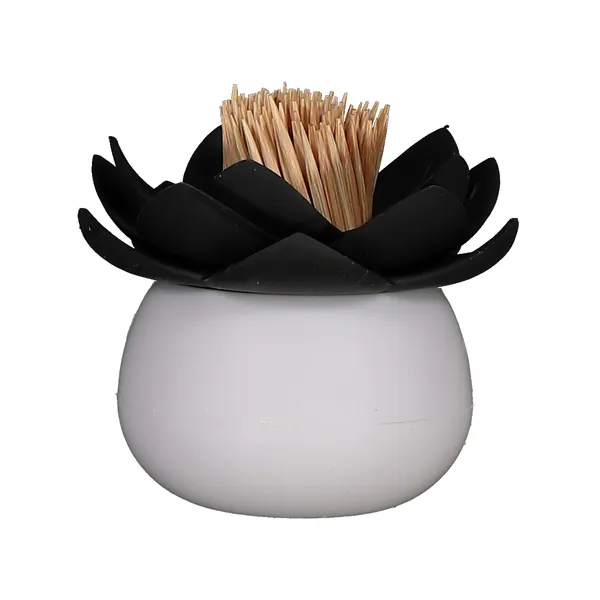 Kitro White and Black Porcelain Toothpick Holder With Toothpicks