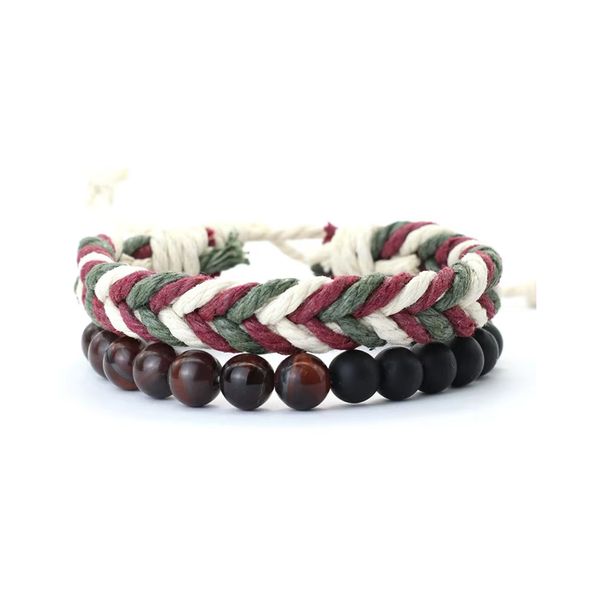Natural Stone &amp; Woven Cord Bracelet Set for Men