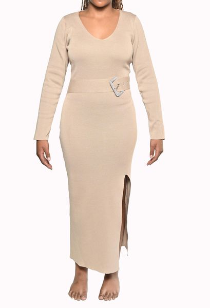 Women Beige Rayon, Acrylic Bodycon Midi Dress