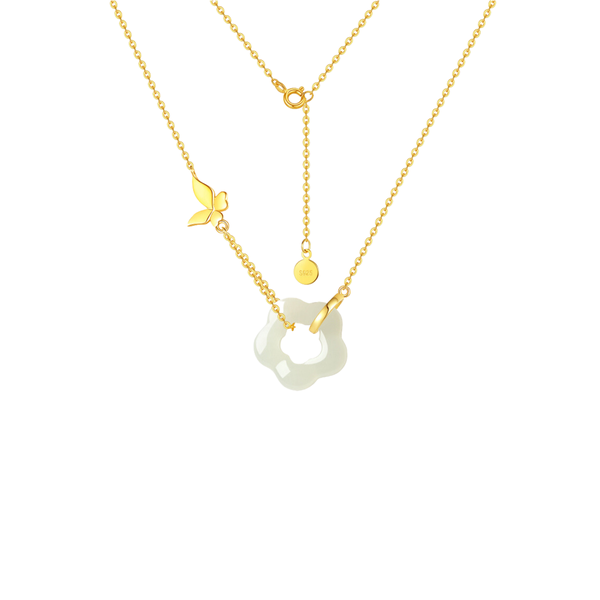 Gold-Plated Jade Flower Necklace With Butterfly