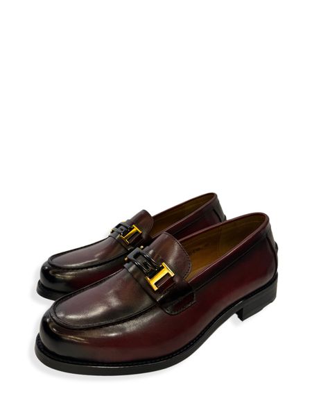 Genuine Leather Loafers with Gold Buckle - Wine
