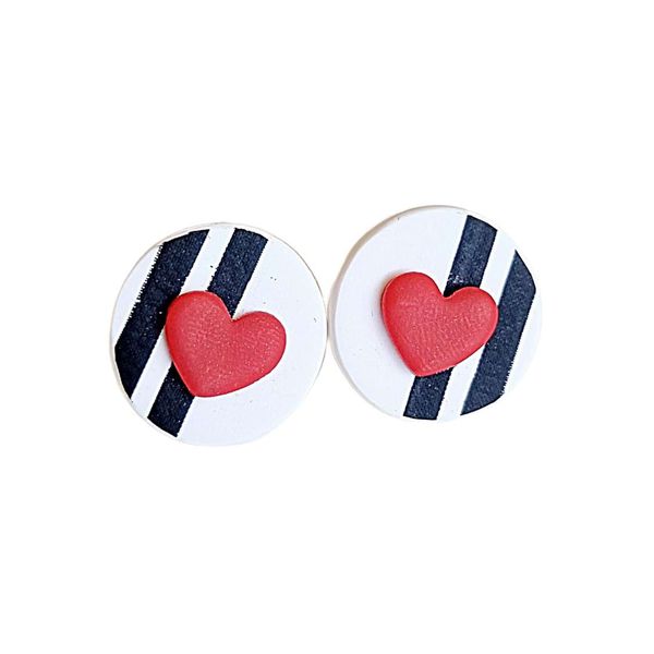 Earrings Blommie's Polymer Clay Black White Stripe Heart Stud