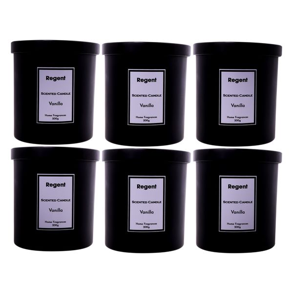 Regent Vanilla Scented Candles in a Glass Jar with Black Lid - 200g - 6 Pack