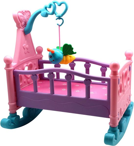 Rocking Doll Bed Toy for Kids for Little Baby Dolls, Includes Cot Mobile