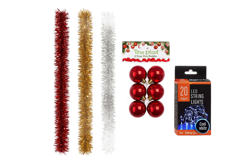 Christmas Tree Decor Set - 6 Baubles, 3 Tinsels &amp; 2m LED String Lights