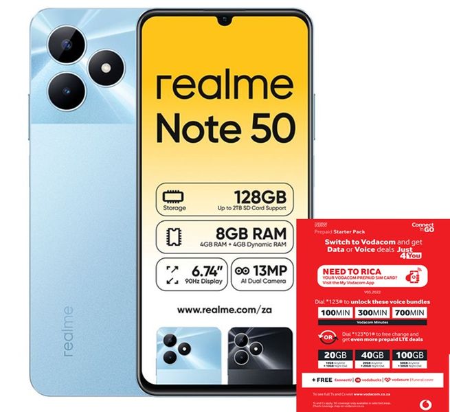 Realme Note 50 128GB LTE Dual Sim - Sky Blue + Vodacom SIM Card Pack