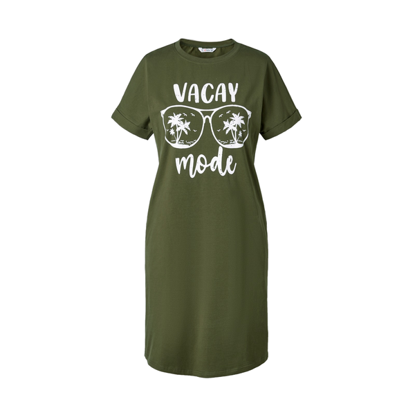 Vacay Mode T-Shirt Dress-Olive Green with Sunglasses Print-Casual Summer