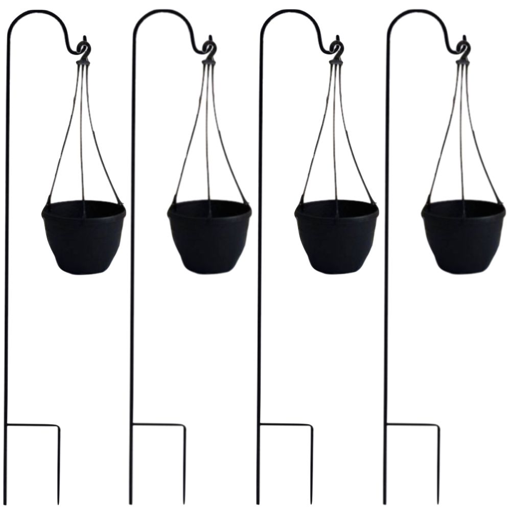 Garden Decor 4 Pcs Shepherd Hook Stake Pole With 4 Pcs Hanging Pot Plant