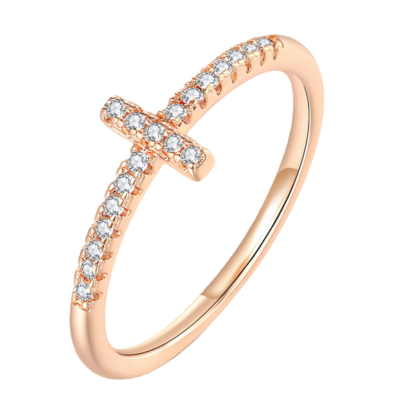 14k Rose Gold Plated Cross Ring for Women,Cubic Zirconia Promise Ring,7Size