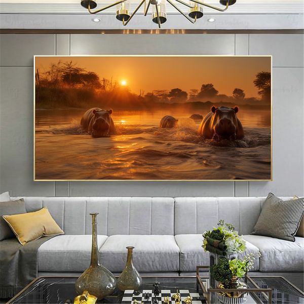 Canvas Wall Artwork - Hippo Sunrise Soak - 0615