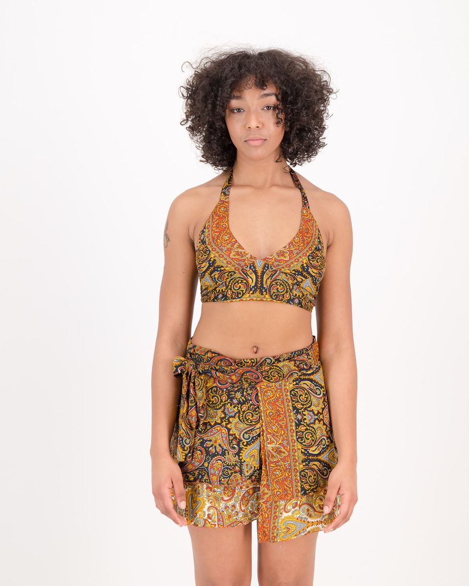 SKA 2 Pieces Set of Tie Halter Crop Top + Wrap Mini Skirt- Paisley