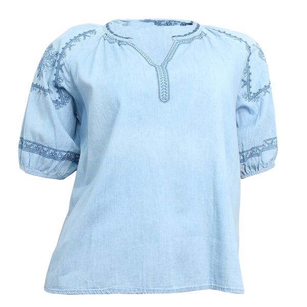 Purple &amp; Prose Ladies Blue Denim Ballon Sleeve Embroidered Top