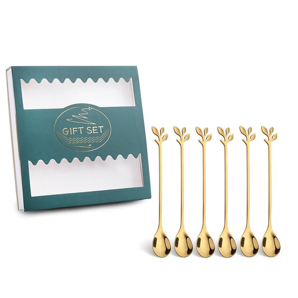 6 Piece Gold Pendant Spoon Gift Set-Leaf Design