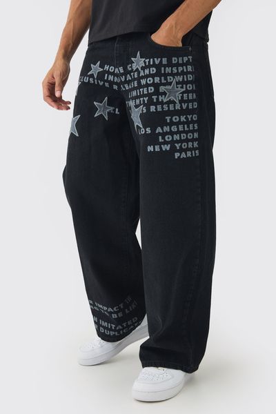 boohooMAN - Men's Baggy Rigid Star Applique Denim Jeans - Washed Black