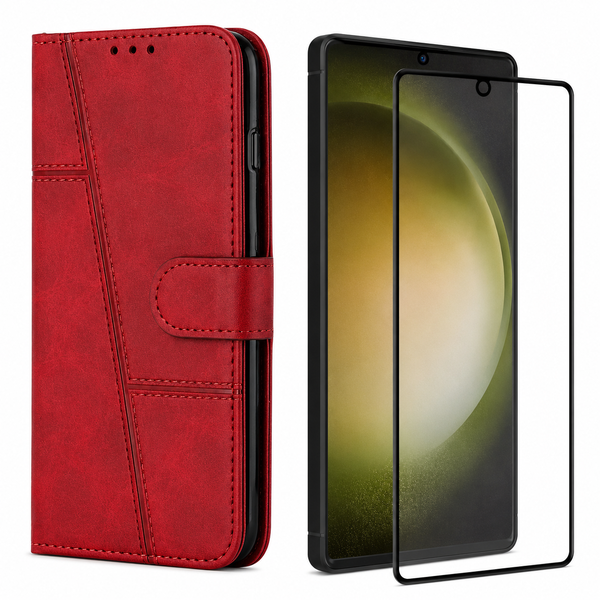 Leather Case and Screen Protector Compatible with Samsung S24- Red