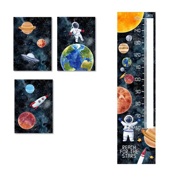 Nursery Wall Art - 3 x A4 Canvases + Height Chart - Space