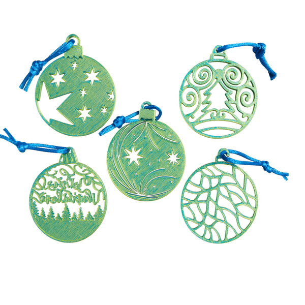 Christmas Tree Ornaments - 3D Printed - 5-Piece Set - Gold &amp; Blue