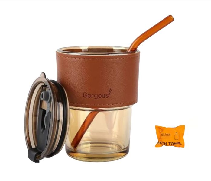 450ML Slub Glass Straw Cup, Portable Cup with Lid For Beverages And Towel