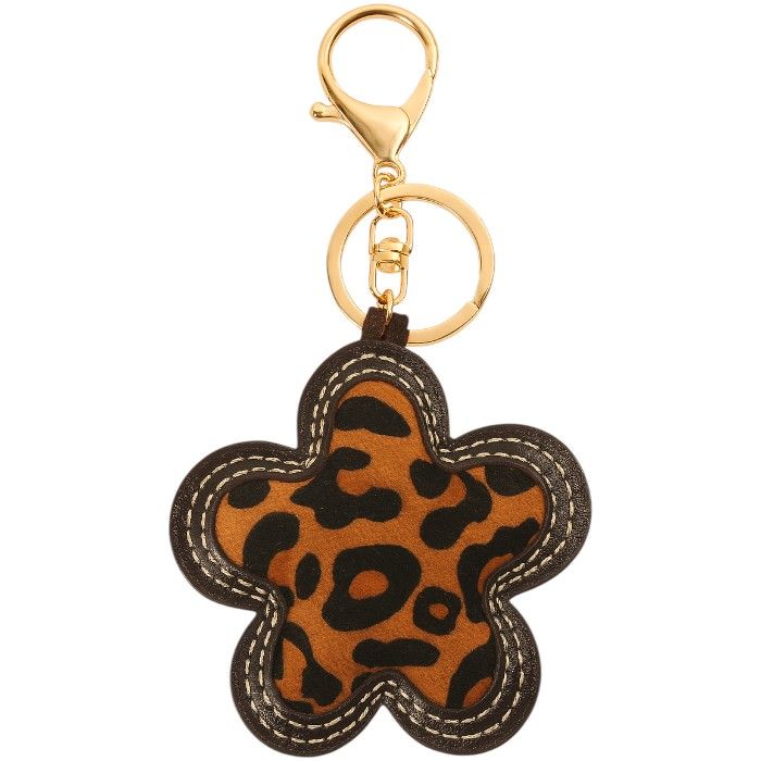 Flower-Shaped Leather Keychain with Chic Leopard Print Design