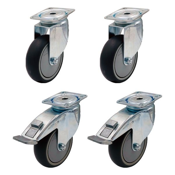 Grey Thermoplastic Rubber Wheel Swivel Plate + Brake Castors 100mm