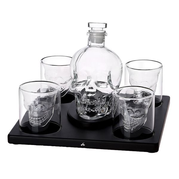 Alanes Skull Skeleton Wine &amp; Whiskey Decanter with Wooden Base Set - 750ml