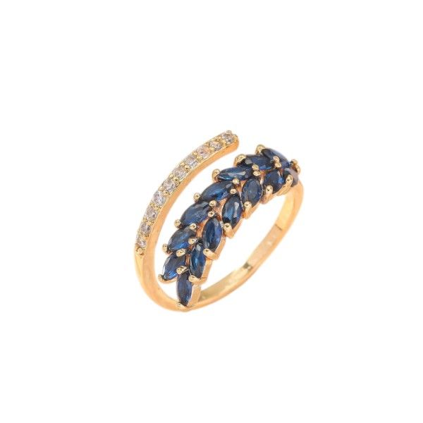 Leaf Cluster Open Band Ring With Blue Marquise Stones - Multicolour