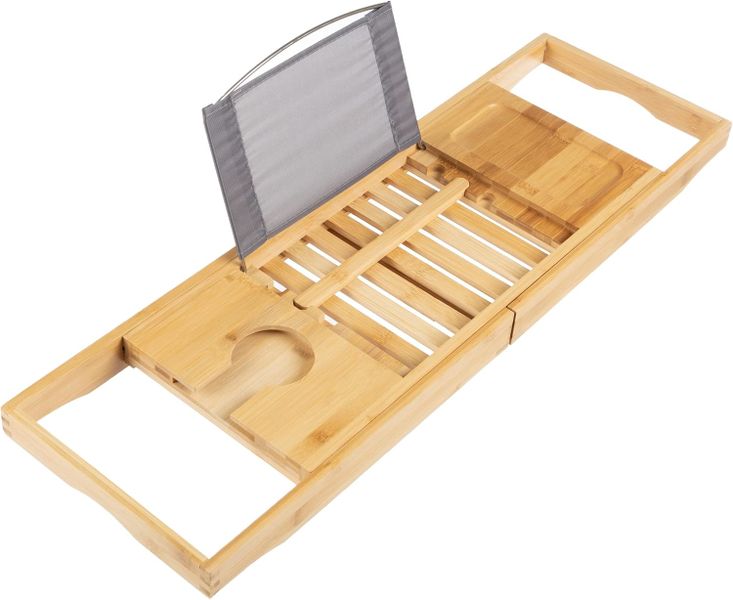 Bamboo Bathtub Tray Adjustable Bath Caddy with Phone &amp; Cup Holder