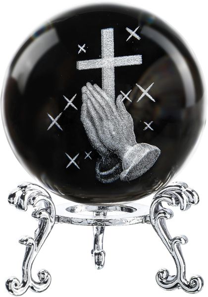 3D Laser Engraved Hand Holding a Cross Crystal Ball Figurine for Praying