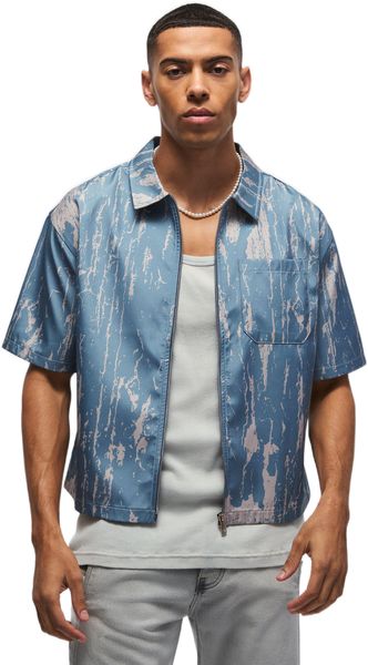 boohooMAN - Men's Oversized Abstract Boxy Shirt - Light Blue