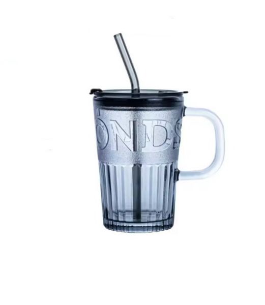 Transparent Colored Glass Cup with Handle Lid and Straw