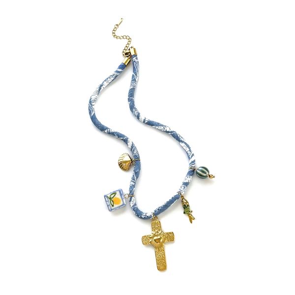Versatile Layered Fabric Rope Necklace with Gold Cross Charms