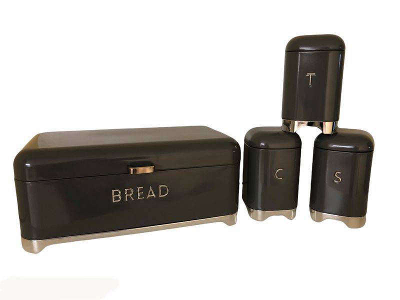 Continental Homeware Grey Bread Bin with 3 Pieces Canister Set