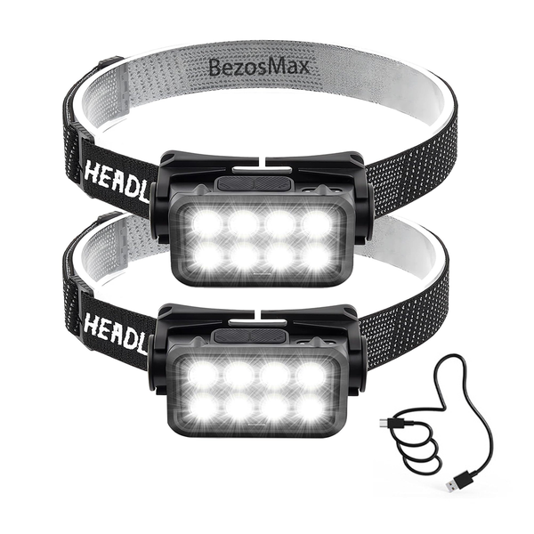 BezosMax 2Pcs Rechargeable LED Headlamp, Motion Sensor &amp; 5 Lighting Modes