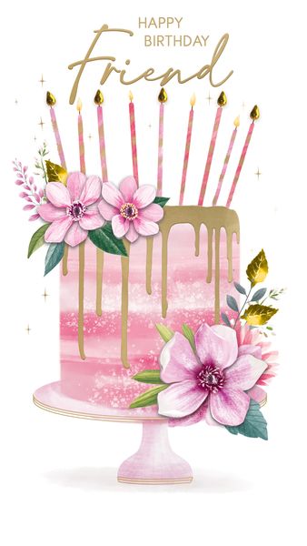 Greeting Card - Friend Birthday - Cake with Flowers