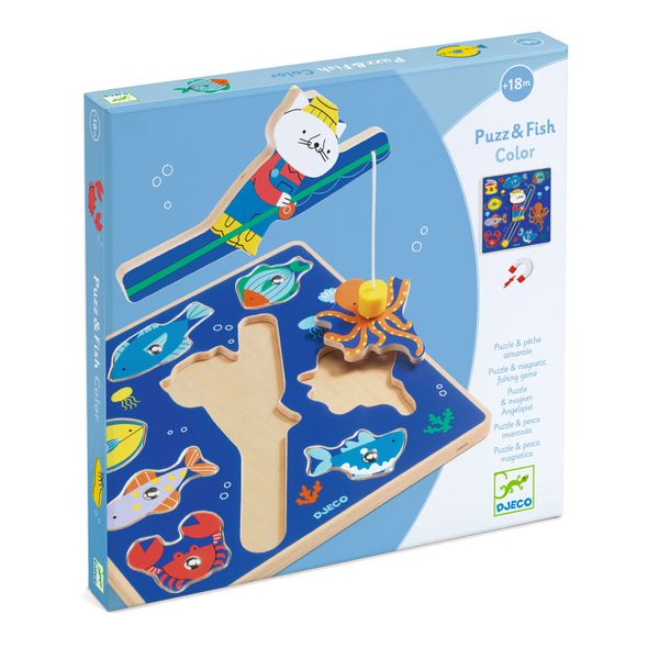 Djeco Puzz &amp; Fish 2-in-1 Wooden Puzzle and Fishing Game - Colour