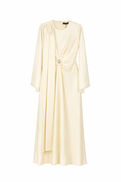 Unique Elegant Modest Floor Length Dress with Draped Front Detail - Beige