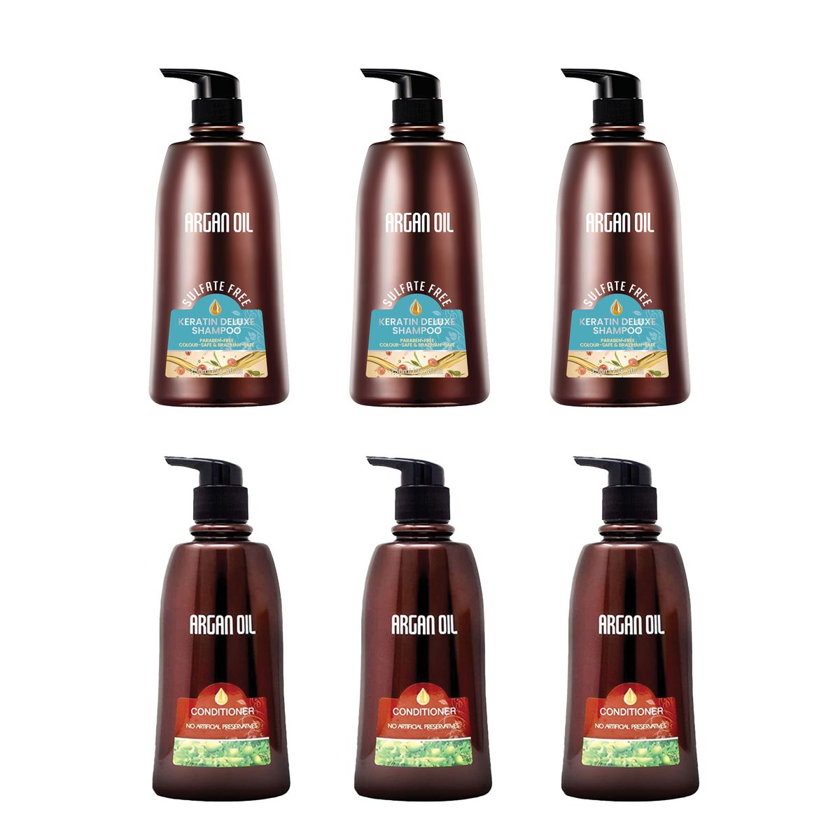 Argan Oil Hair Care Set: 3 Shampoos & 3 Conditioners, Sulfate-Free, 750ml