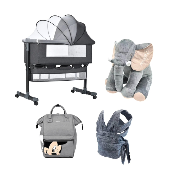 Belecoo Elephant Pillow, Diaper Bag, Carrier &amp; Baby Cot Bed - 4 Pcs Combo