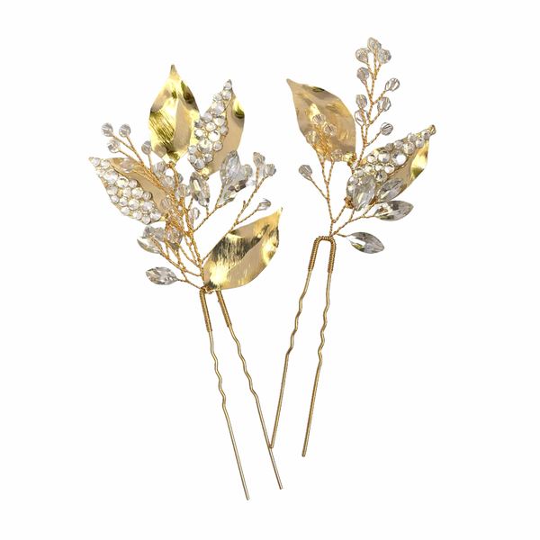 Vintage Crystal and Gold Plated Leaves Bridal Hair Pins