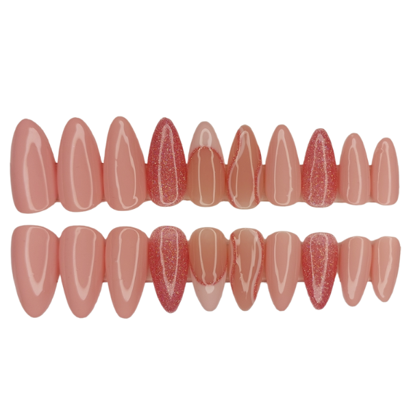 Luxury Press On Nails - Medium Almond Light Pink &amp; Glitter Set - 20 Piece