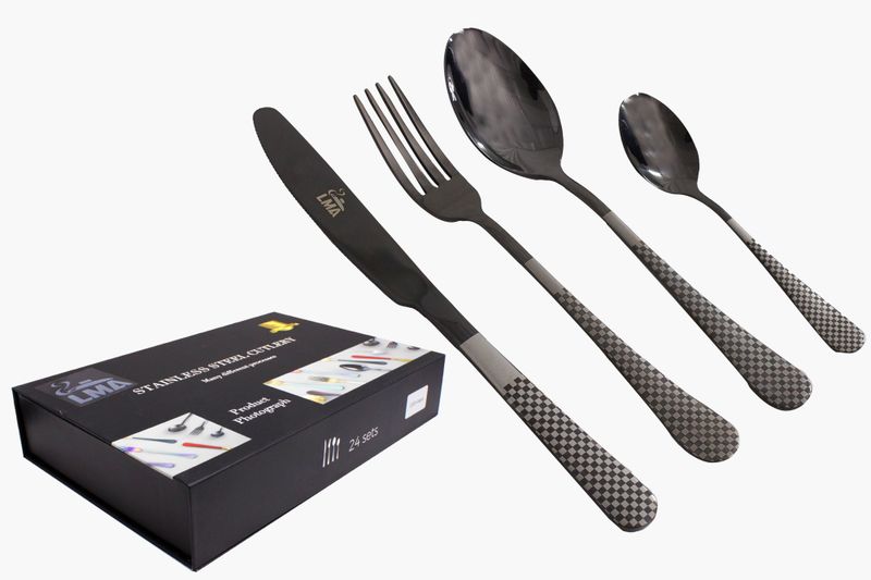 LMA Branded 24 Piece Checkered Finish Cutlery Set &amp; Noir Storage Box