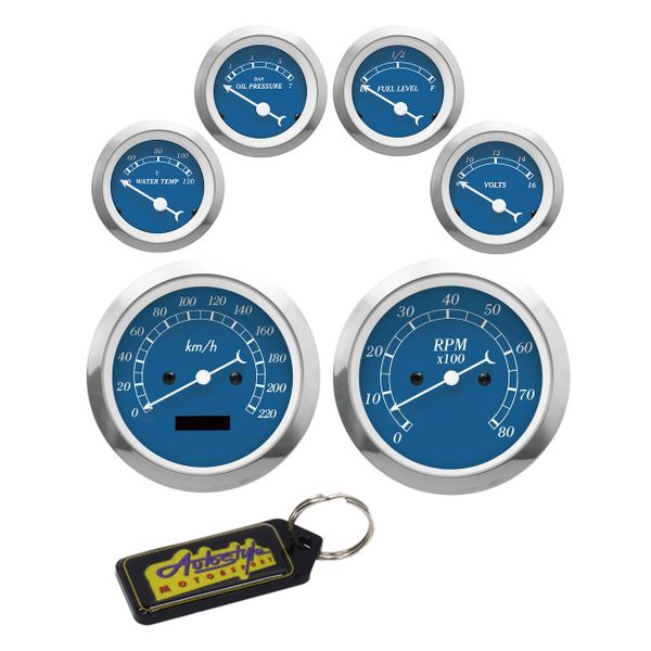 Autogauge Classic Series 6 Piece Gauge Set - Blue &amp; Gel Key Holder