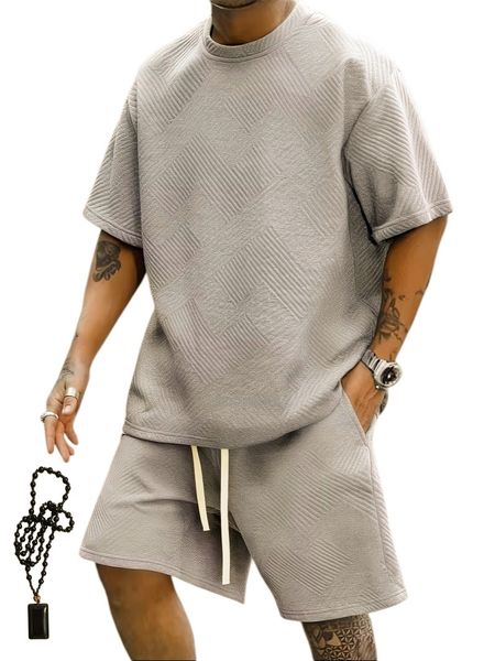 Men's Summer Outfit - T-Shirts For Men + Casual Shorts + Necklace -Grey
