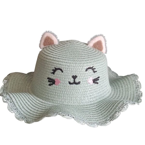 Kids Straw Sun Hat with Cute Cat Design - Summer Beach Hat for Girls