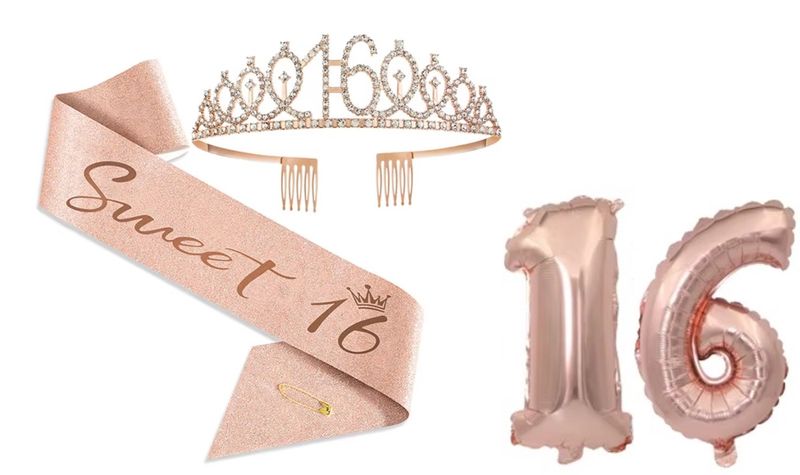 16th Birthday Tiara, Sash and Number Balloons - Rose Gold