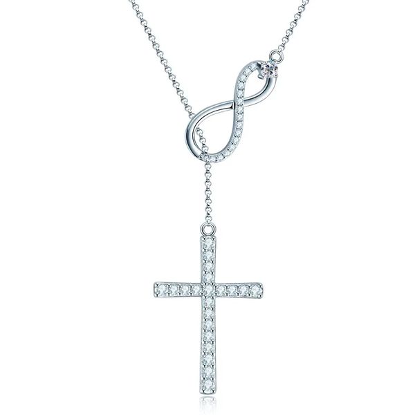 Moissanite Diamond 925 Sterling Silver WhitePlated Infinity Cross Necklace