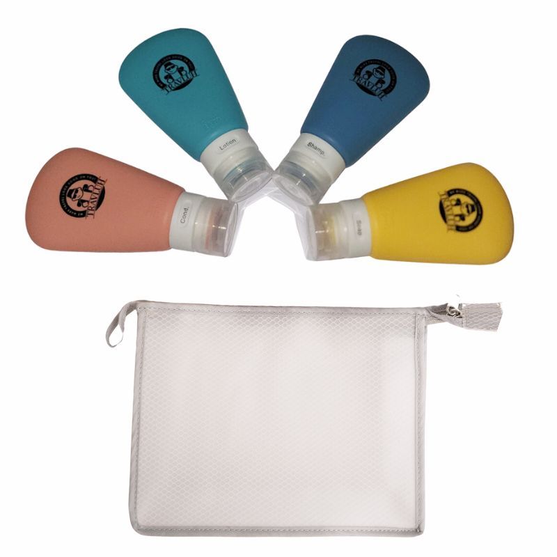 4 Silicone Bottles with Twist Neck Labels in a Bag
