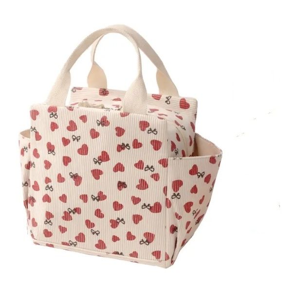 Cute Love Printing Design Corduroy Insulated Lunch Bag with Zipper