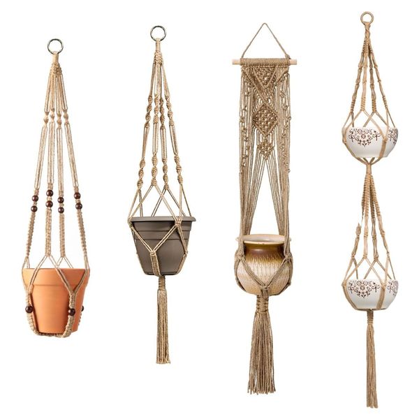 Bohemian Cotton Rope Macrame Plant Hangers Set 4 PCS